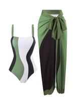 2025 European American Slim-Fit Strappy One-Piece Swimsuit with Mesh Skirt 2-Piece Set S