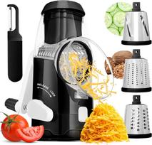 Rotary Cheese Grater with Handle - Mandoline Slicer with 3 Stainless Steel Drum Blades-Vegetable Slicer Walnuts Grinder Cheese Shredder Round