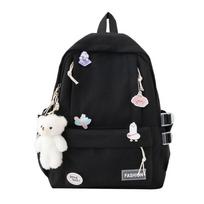 Bear Pendant Students School Bag Badge Shoulder Bag Solid Color Backpack  Rucksacks Teenager Black-No Accessories