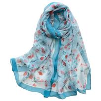 Portable Floral Print Silk Scarf Sun-Resistant Smooth Long Wraps Silk Breathable Bandana for Women