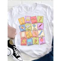 Teaching Cards Classroom Theme Graphic T-Shirt Women’s Crew Neck Short Sleeve Cartoon Print Soft Top S