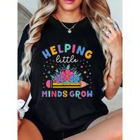 Helping Little Minds Grow Teacher Print T-Shirt Women’s Short Sleeve Colorful Floral Pencil Print Top S