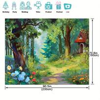 Magic Forest Fairy Tale Theme Background Photo Prop, Polyester Banner Decoration, Party Home Decoration, Party Wall Decoration 100X150cm žalia