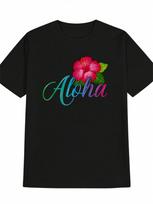 unisex's Casual Aloha Floral Print T-Shirt- Vibrant Red Hibiscus& Green Leaves Design, Soft, Round Neck, Perfect For Summer, Everyday Tshirt Vibrant P S įvairiaspalvis
