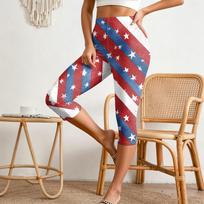 Women's Elastic Waist Capri Pants Casual Slim Fit Star Print Stretchy Cropped Leggings with Side Slits for Comfortable Wear XL