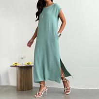 Sleeveless Solid Color Slim Fit Midi Dress with Side Slit Loose Fit Tank Dress for Women Casual Daily Wear XXL