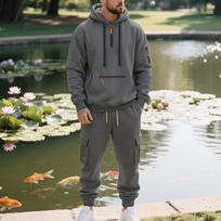 2025 Men's Autumn/Winter Fashion Casual Half-Zip Multi-Pocket Hoodie & Sweatpants Set XXL tamsiai pilka spalva