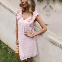 Summer Valentine's Day loose v-neck solid color chiffon dress S rožinė