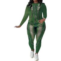 Women's 2 Piece Fake Denim Printed Outfits Long Sleeve Tops Bodycon Legging Pants Sets Sexy Party Clubwear Tracksuit L žalia