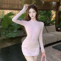 Han Ins One-piece Swimsuit Women's Conservative Belly-covering Slim Long-sleeved Sporty Style Swimming Diving Surfing Pure Desire High-level Feeling L