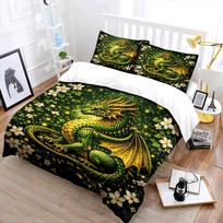 Green Dragon Amid Flowers Print Bedding Set 1 Duvet Cover 2 Pillowcases For Adult And Children Luxury Gift Full Size EU Twin 135X200cm&set