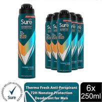 Sure Men Thermo Fresh AntiPerspirant Spray - Long-Lasting Protection, 6-Pack