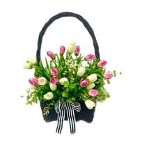 Spring Summer Tulip Basket Wreath for Front Door Artificial Floral Door Hanging Wreath with Woven Basket for Farmhouse Home Wall Door 1pc