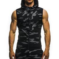 Summer Men Gym Fitness Camouflage Mesh Hoodies Zip Up Sleeveless Hooded Tank Top XL