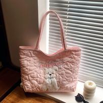 Cute Carto Puppy Shoulder Bags for Women Autumn Large Capacity Ladies Casual Tote Bag Heart Quilted Design Female Handbags rožinė