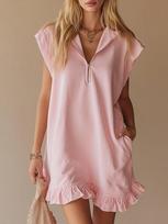 Womens Sleeveless Lapel Collar Half Zip Ruffle Hem Mini Dress with Pockets Multi Colors XS rožinė
