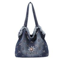 Summer Retro Denim Tote Bag with Daisy & Cross Embroidery Fringed Edge Washed Denim Shoulder Bag Spacious Casual Handbag