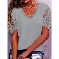 Women's T-shirt with Lace Stitching Loose V-neck Short Sleeved T-Shirts Women’s S