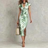 Women V Neck Slim Fit Midi Dress with Short Sleeves and Allover Floral Print Suitable for Casual and Fashion Occasions L