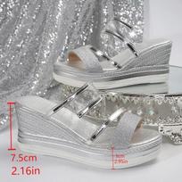 Women Solid Color Bling Wedge High Heel Slippers High Quality Summer Fashion Outdoor Casual Slide Sandals 36 sidabras