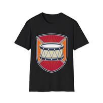 Drums Music Badge T-Shirt, Rock Metal Music Fan Graphic Tee, Regular Fit Top L