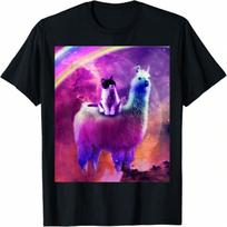 Kitty Cat Riding On Rainbow Llama In Space T-Shirt S įvairiaspalvis