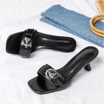 Elegant Black Square Toe Mid-Heel Buckle Slides - Versatile High-Heeled Flip-Flops for Women Size 41 juoda