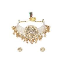 Auksinės spalvos Kundan ir daugiasruožių perlų Choker karoliai ir auskarų rinkinys moterims Onesize