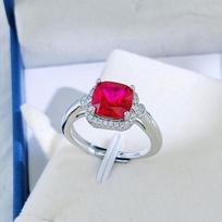 Three-Piece Women's Jewelry Set: Simulated Sapphire & Ruby Ring, Stud Earrings, and Square Pendant Necklace. Gold-Plated Copper