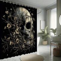 Halloween Skull and Flower Shower Curtain Set - 12 Hooks, Water-resistant Polyester, All-season, Abstract Pattern, Horror Theme (as the picture,W90xH180cm)