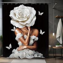 African American olive green shower curtain black girl flower oil painting art bathroom accessories decoration with 12 hooks (as the picture,W90xH180cm)