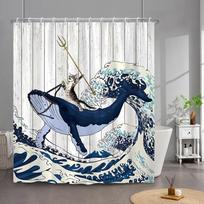 Funny Cat Shower Curtain Cute Cool Kitty Riding Whale Cartoon Animal Ocean Wave Children Bathroom Curtain Waterproof With Hooks (as the picture,90x180cm-35x70in)