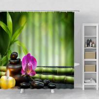 Zen Garden Shower Curtain Spa Green Bamboo Black Stone White Flower Bathroom Decor Supplies Bath Curta Sets Polyester Fabric (as the picture,90x180cm-35x70in)