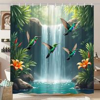 Hummingbird Waterfall Shower Curtain Tropical Birds, Lush Greenery & Orange Flowers, Nature Art Bath Curtain for Home Decor (as the picture,90X180cm(35x70in))