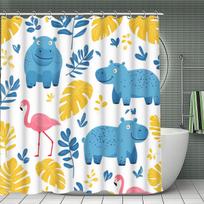 Cartoon Hippo & Flamingo Tropical Leaf Shower Curtain 1pc with 12 Hooks for Bathroom Home Decor Polyester 2D Flat Print (as the picture,90x180cm35x71in)