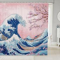 Japanese Wave Bath Curtain for Boys Girls Cherry Blossoms Shower Curtain Waterproof Japanese Style Bathroom Shower Curtain (as the picture,90x180CM)