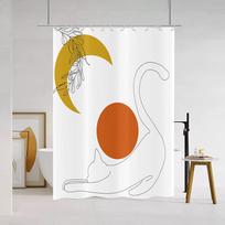 Boho Cat & Moon Shower Curtain – Line Art Print, Polyester, Golden Grommets, 71x71 inch, Farmhouse Bathroom Decor (as the picture,W90xH180CM)