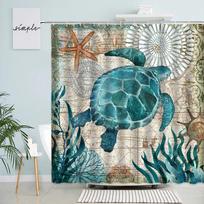Sea Turtle Seahorse Octopus Shower Curta Ocean Animals Tentacles Vintage Map Print Fabric Bathroom Curtain Home Decor Hooks (as the picture,90x180cm-35x70in)