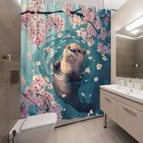 1pc Otter & Cherry Blossoms Shower Curtain - Turquoise Pond, Floating Petals, Cute Otter, Pastel Colors,Washable Polyester (as the picture,W90XH180cm)