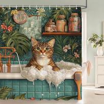 Nordic style Flowers Leaves Animals Shower Curtain Cat and Dog Printed Bathroom Bath Curtain Home Decoration Curtain With Hooks (as the picture,W90xH180cm)