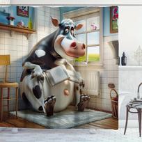 Whimsical Cow on Toilet Shower Curtain - Waterproof, Easy-Clean Fabric with Hooks Included, Perfect for All Seasons (as the picture,W90xH180cm)