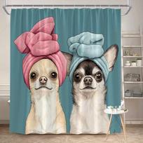 Whimsical Chihuahuas with Towel Heads Shower Curtain Pink & Blue Towels on Teal Background, Polyester Bathroom Decor (as the picture,90X180CM)