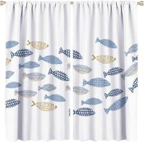 Boho Nautical Fish Blackout Curta,Abstract Retro Sea Animal Fish Theme Window Treatments Rod Pocket Thermal Insulated Room 53x116CM-2PC