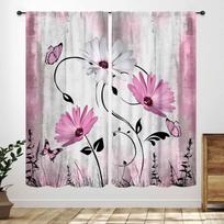 Vintage Daisy Curta,Rustic Farmhouse Floral Retro Brown Wooden Board Spring Wildflower Farm Window Treatment Bedroom Living 53x116CM-2PC