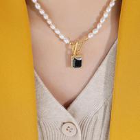 Gold-Plated Natural Freshwater Pearl Necklace with Black Zircon Pendant and OT Clasp