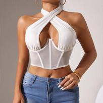 Women Black Cross Halter Corset Top Mesh Panel Cutout Bustier Crop Top XS