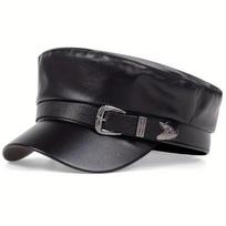 Classic Large Belt Buckle Beret Hat Flat Top Black Newsboy Cap PU Leather Punk Style Painter Hat