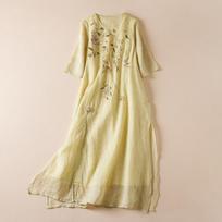 Women's Fairy Embroidered Ramie Dress - Round Neck, Pullover, 5-Point Sleeves, Long Summer Style S šviesiai geltonos spalvos