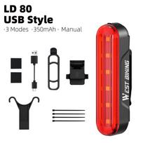 WEST BIKING Bike Taillight Laser Brake Sensing Rear Light IPX5 Waterproof USB Charging Bike Light MTB Road Bicycle Accessories Basic Style