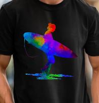 Colorful Surfer Silhouette T-Shirt | Rainbow Wave Surf Design, Beach Vibes Tee L